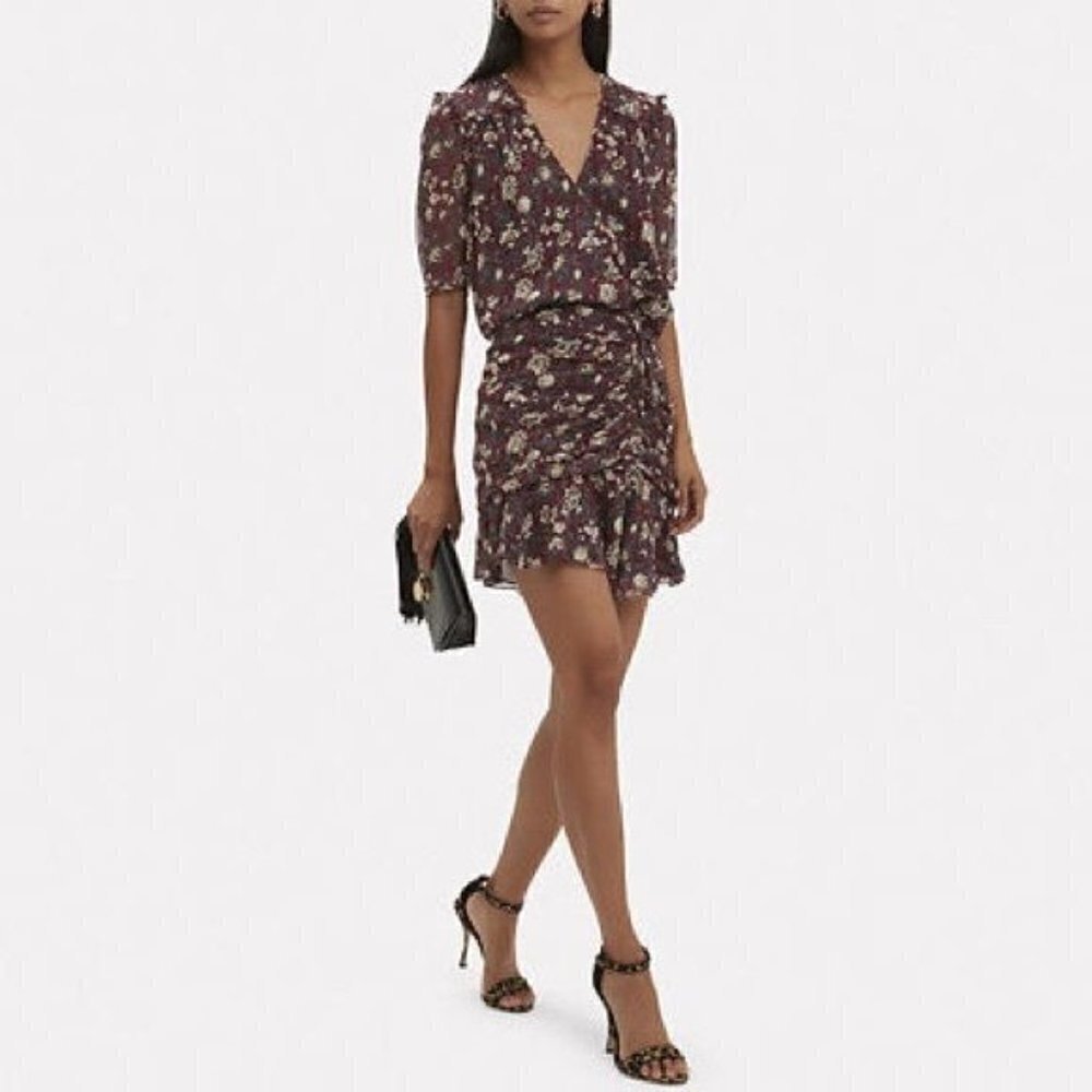 Veronica Beard Floral Bordeaux Dakota Ruched Silk Mini Dress Burgundy Size 2